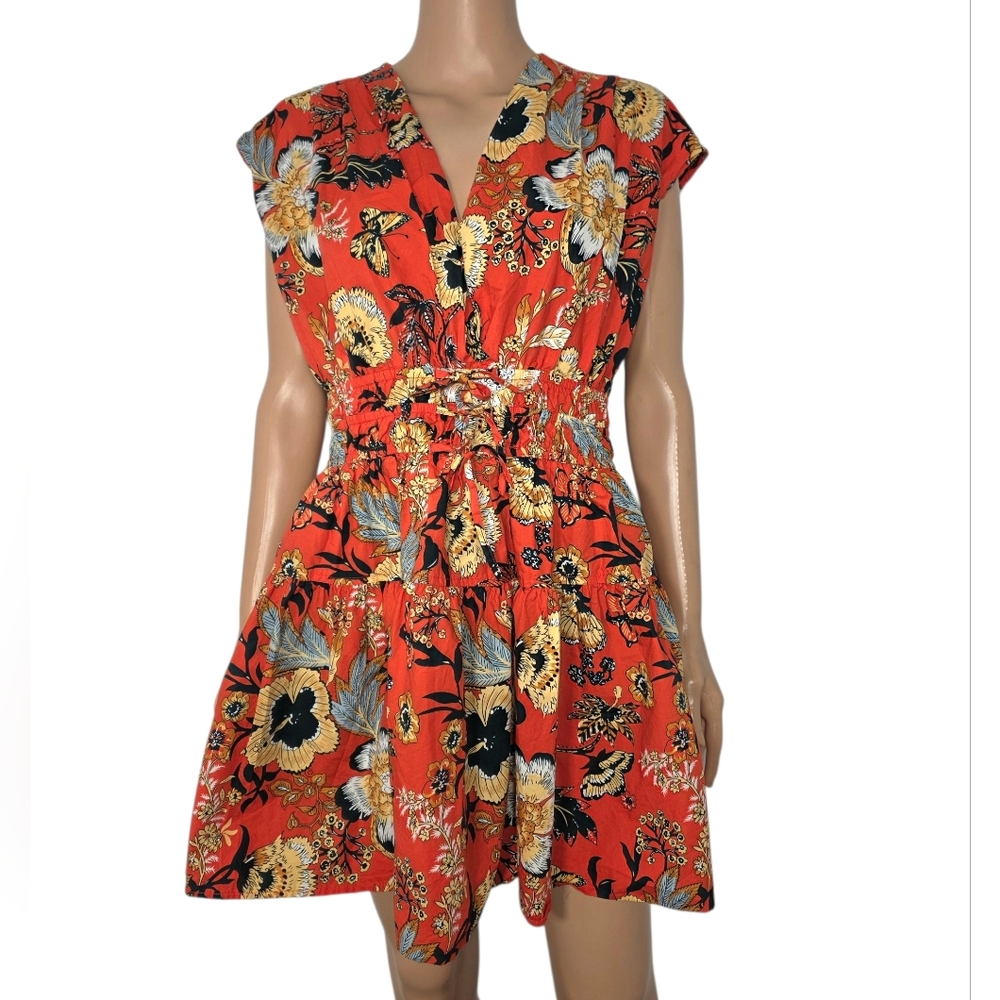 Nicole Miller‎ Floral V-Neck Orange Summer Dress with Drawstring Waist Size L